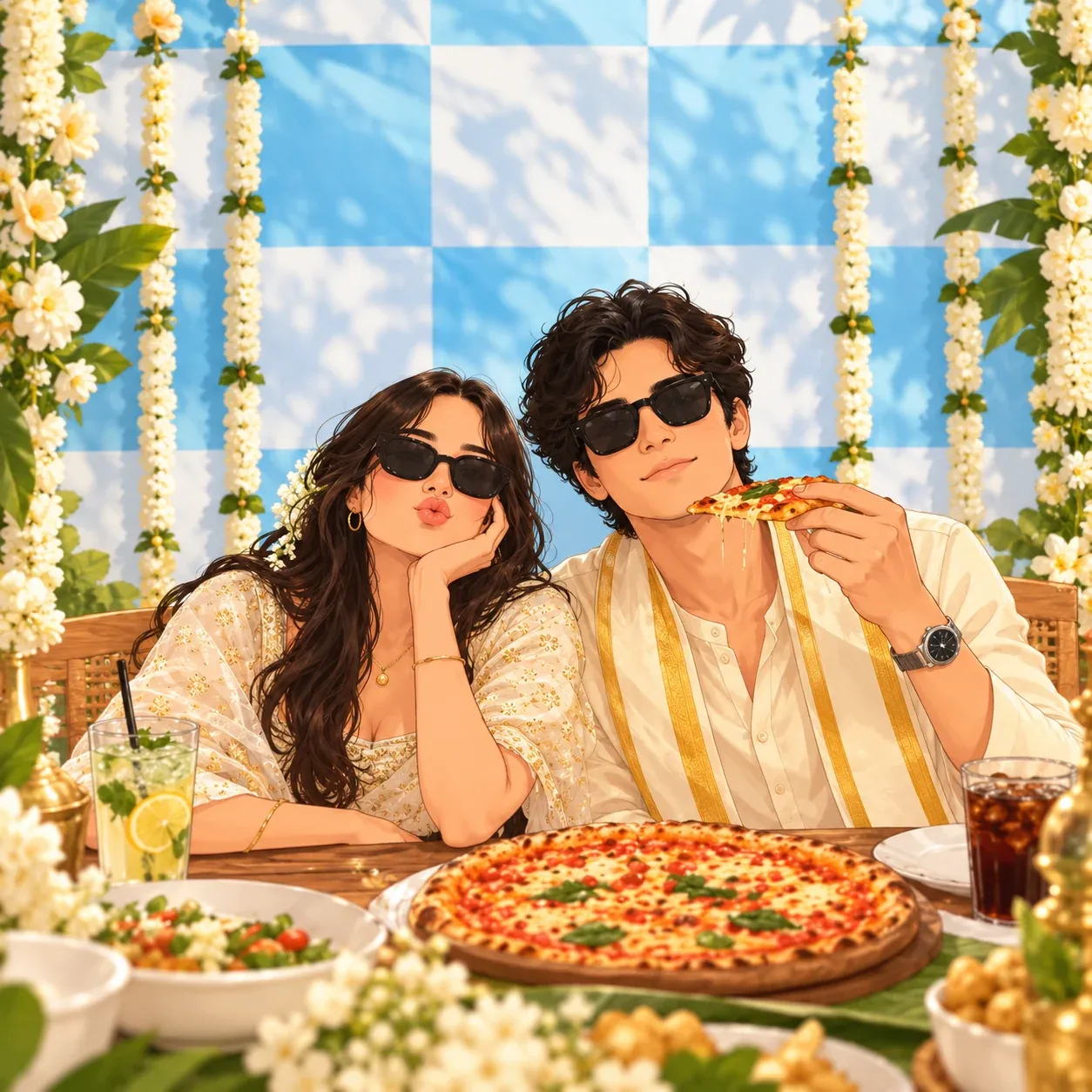 Playful wedding feast with bride and groom sharing pizza slices in festive attire