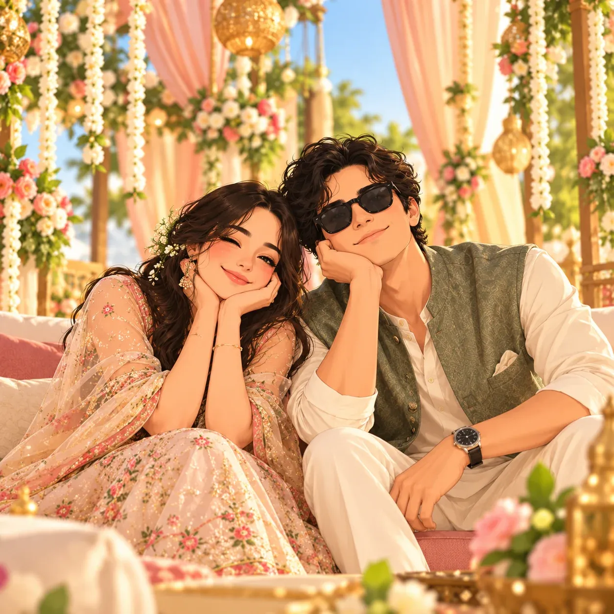 Festive Indian wedding couple portrait in traditional attire and stylish sunglasses