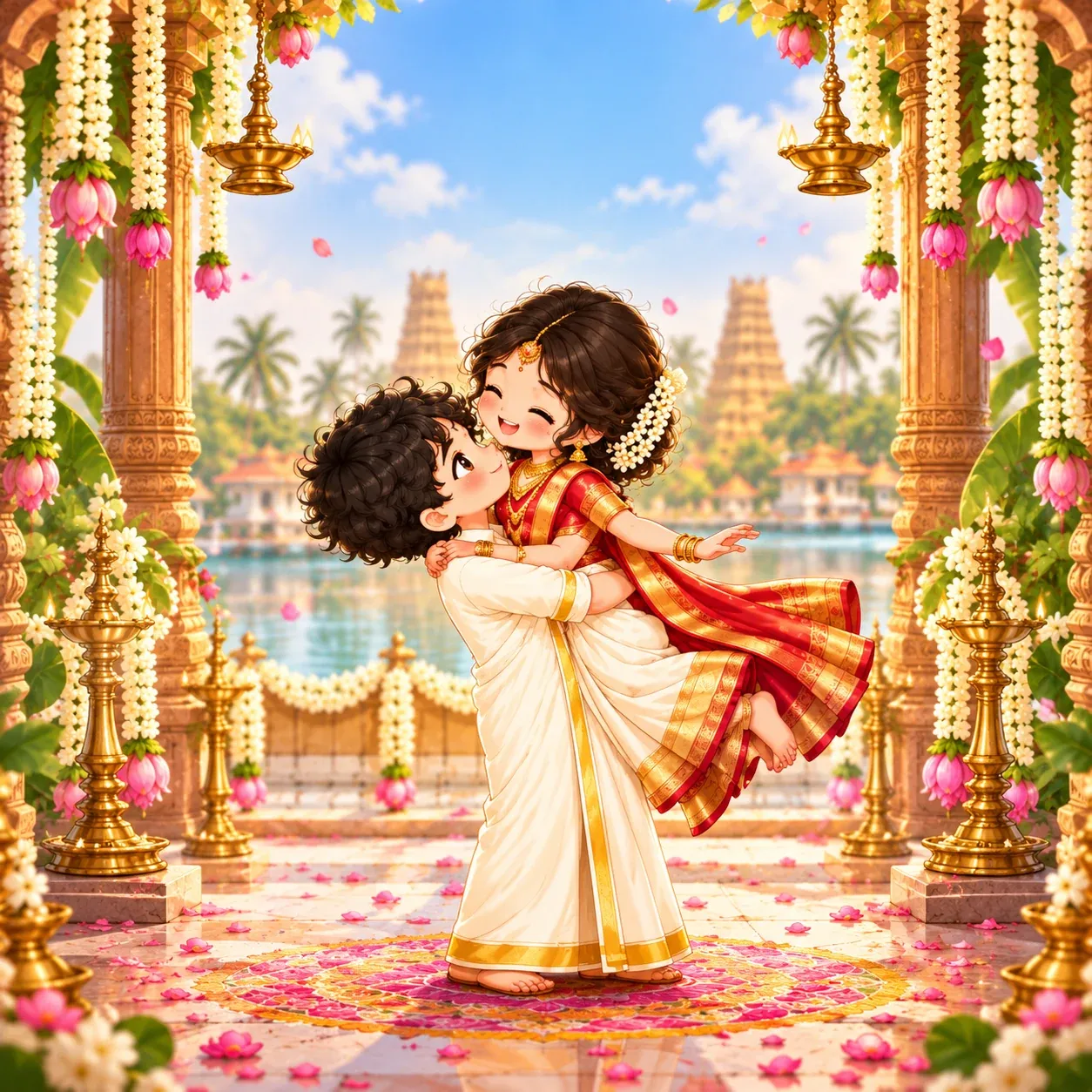 Joyful Chibi Temple Wedding Illustration of Imayavaramban and Srinidhi